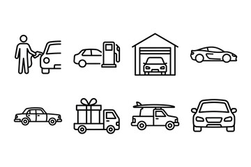 Naklejka premium Set of black and white line icons representing various car services and transportation, from driving to delivery.