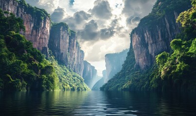 Scenic landscape of a calm lake surrounded by towering cliffs and dense forests under a cloudy sky creating a tranquil and secluded retreat 4k hyperrealistic photo