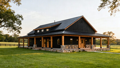 Rustic Modern Barn House with Porch and Green Lawn at Sunset
