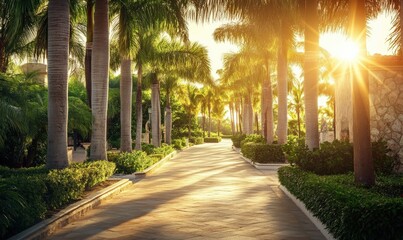 Obraz premium Scenic pathway lined with tropical palm trees, soft sunlight streaming through creating a warm and serene outdoor escape