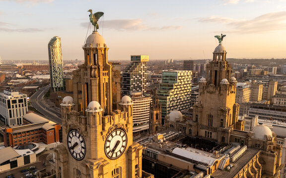 Golden Hour Skyline View of Liver Building and Liverpool Cityscape