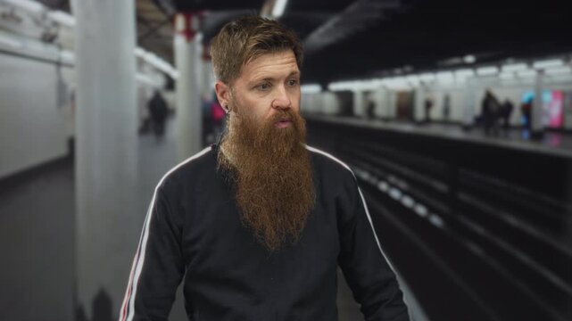 Young bearded man holds face on train station platform by railway tracks under artificial lights; surprise.