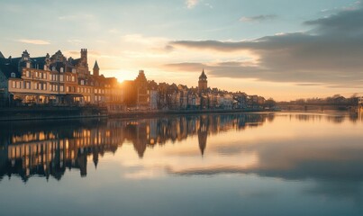 Scenic riverside promenade with a historic town reflected in calm waters, illuminated by soft golden hour sunlight creating a serene and picturesque setting 4k hyperrealistic photo