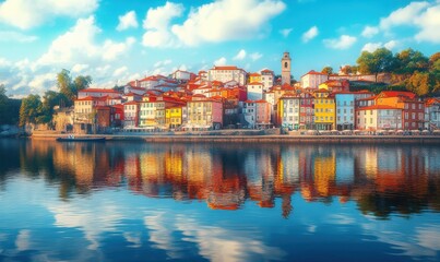 Scenic riverside town with colorful buildings reflected in calm waters under soft natural sunlight, creating a serene and picturesque view 4k hyperrealistic photo