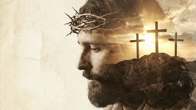 A double exposure artistic portrait of Jesus Christ wearing a crown of thorns merged with three crosses on a hill during a dramatic sunset representing the crucifixion and resurrection