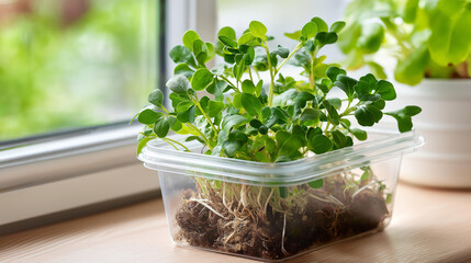 Fototapeta premium Microgreen growing home UGC real shot, plastic container roots indoor sunlight, closeup macro plant gardening, vitamins food photography nutrition organic eco farm, with copy space