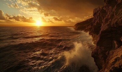 Scenic view of a coastal cliff with waves crashing against the rocks, illuminated by golden sunset light under a dramatic orange sky 4k hyperrealistic photo
