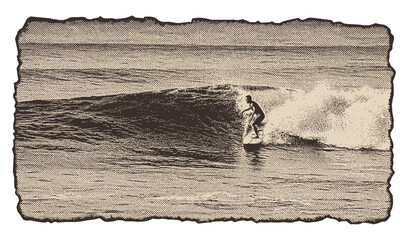 Obraz premium Surfer Riding Ocean Wave Vintage Halftone Illustration