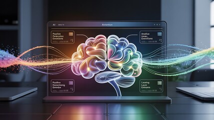 Brain with Colorful Neural Network on Laptop Screen in Modern Office