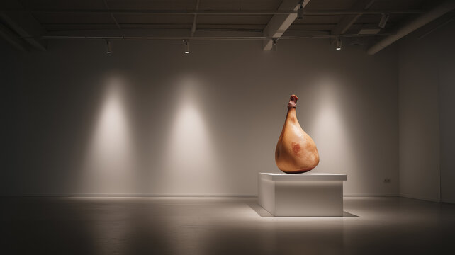 A whole pear-shaped Culatello di Zibello ham presented as a masterpiece on a white pedestal in a minimalist art gallery with dramatic spotlighting.