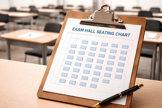exam hall seating chart on clipboard with empty classroom background