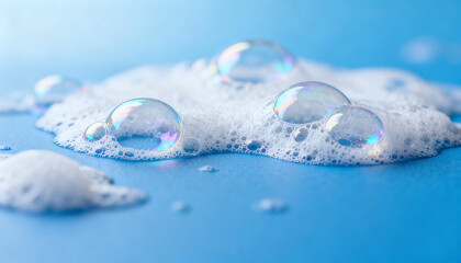 Delicate Floating Soap Bubbles and Foam on Clean Blue Surface