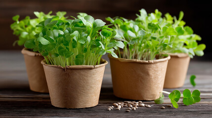 Fototapeta premium Young microgreens growing small brown paper containers, rustic wooden surface various seeds scattered, fresh home cultivation capturing, organic gardening moment, with copy space