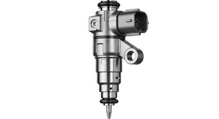 Naklejka premium Precision fuel injector for a vehicle engine, with intricate metallic details and an electrical connector, isolated on white.