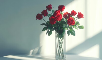 Fototapeta premium Striking bouquet of deep red roses in a tall glass vase, placed on a white surface illuminated by diffused natural light for a timeless floral centerpiece 4k hyperrealistic photo