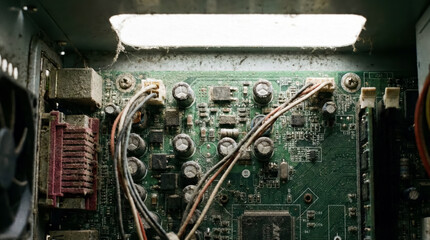 Fototapeta premium Macro view of a dusty and neglected computer circuit board, representing technological obsolescence, the passage of time, and the environmental impact of e-waste