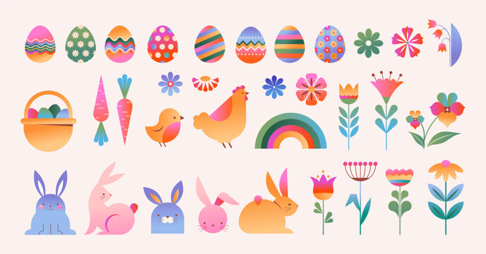 Happy Easter collection of illustrations, icons, symbols and graphic elements. Colorful icons set with bunnies, flowers, eggs and basket
