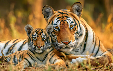 Fototapeta premium Tigress with cub,close up