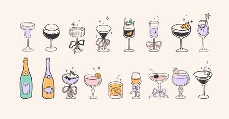 Obraz premium Vintage hand drawn cocktail party set with wine glasses and champagne bottles. Retro illustrations collection.