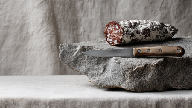 Close-up of a sliced Saucisson Sec salami with visible fat marbling and white mold casing, presented on a rugged stone slab next to a vintage utility knife.