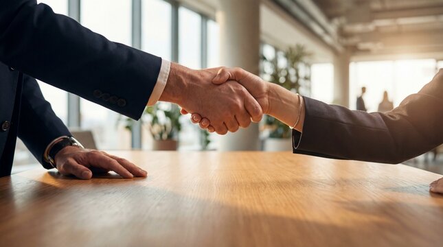 close up of business people shaking hands over wooden table in office. corporate partnership agreement or deal concept. successful meeting. banner, website header.
