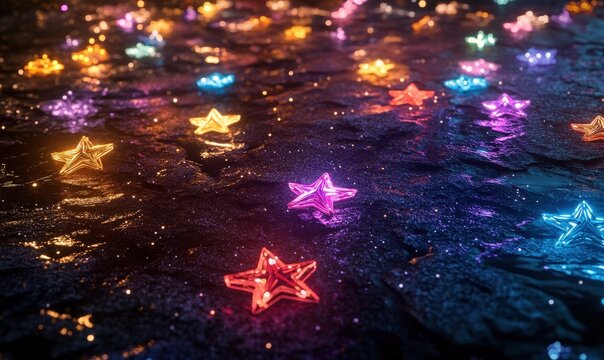 Vibrant arrangement of colorful glittering stars on a dark textured surface, illuminated by soft ambient light for a magical aesthetic 4k hyperrealistic photo