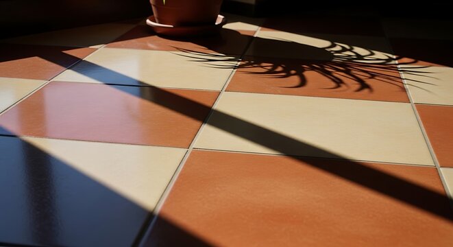 Checkered Floor with Shadows and Potted Plant.