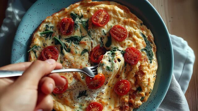 Fresh Spinach and Tomato Omelette on a Blue Plate with Person Hand