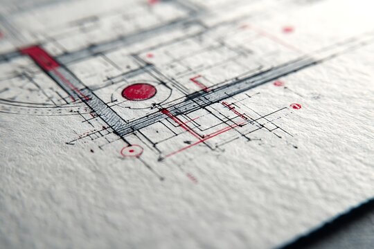A detailed architectural blueprint featuring red and black ink on textured white paper, showcasing a precise and artistic design.