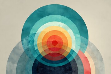 Fototapeta premium A retro-inspired abstract design featuring concentric circles in teal, orange, and red with a textured, vintage aesthetic.