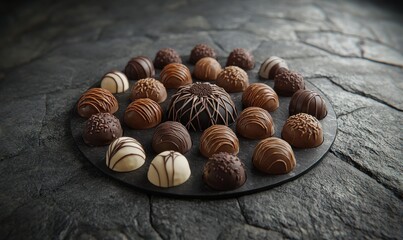 Obraz premium Vibrant display of assorted chocolate truffles arranged in a circular pattern on a textured surface, illuminated by soft natural light for a luxurious presentation 4k hyperrealistic photo