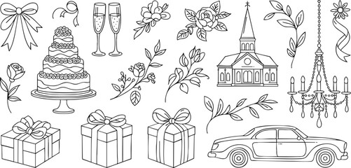 Fototapeta premium Christmas-themed line drawing illustrations of gifts, car, and decorations Vector