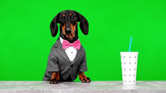 Dachshund Dog Wearing a Suit and Pink Bow Tie Sitting by a Drink Cup 4k Full HD Video