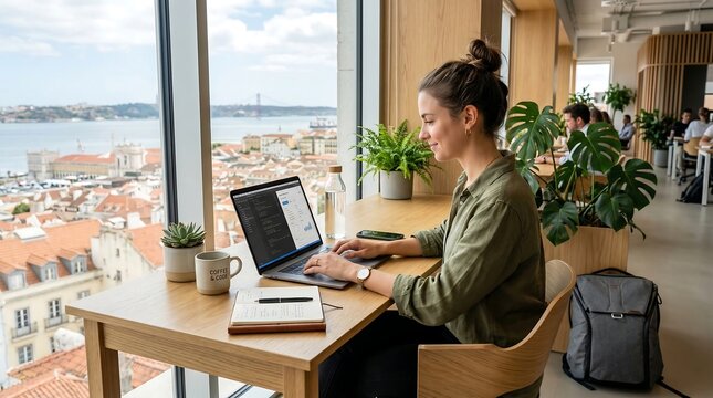 Young professional woman working on laptop in modern office with city view