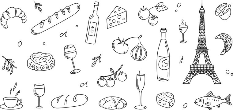 Black and white parisian illustrations with eiffel tower and french food icons Vector