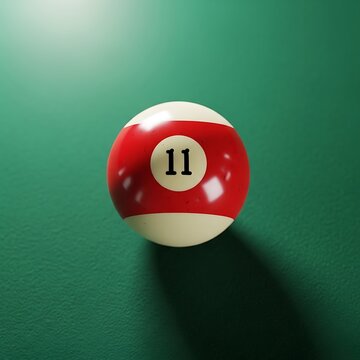 A classic pool ball numbered eleven on a green felt surface under soft lighting.