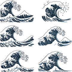 Japanese Wave Illustration Set, Ukiyo-e Inspired Water Designs with Dynamic Movement and Texture