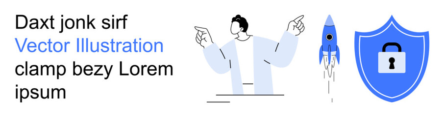 Business planning, innovation, cybersecurity, digital strategy, technology startups, growth. Person gesturing, blue rocket security shield with lock. Innovation and cybersecurity