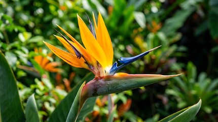 Obraz premium Bird of paradise flower with yellow petals and blue beak green leaves tropical plant