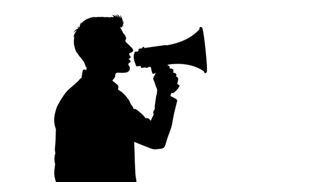 Man speaking into a megaphone loudly.