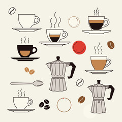 Obraz premium Set of various coffee cups coffee beans and moka pots on light background perfect for cafe menu or decoration
