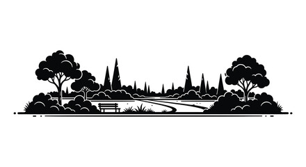 A striking black and white cityscape framed by lush trees and a park bench presented as a silhouette high quality professional © GDMala02