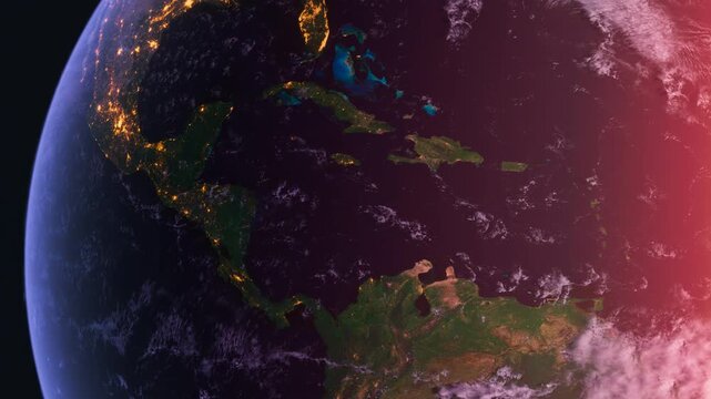 Flying Above the Central America, Cuba and Mexico. Sunrise. Planet Earth From Space. Globe