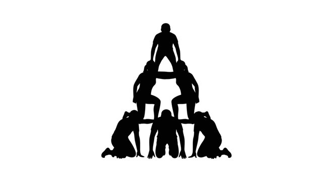 People stacked in a human pyramid.