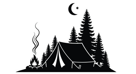 Silhouetted camping scene with a tent campfire trees crescent moon and smoke © Saidul_Studio1984