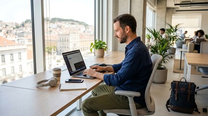 Fototapeta premium Professional man working on laptop in modern office with city view