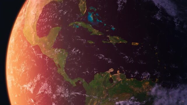 Flying Above the Central America, Cuba and Mexico. Sunset. Planet Earth From Space. Globe