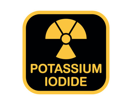 A yellow and black sign with a radiation symbol and the words 'POTASSIUM IODIDE' on a white background