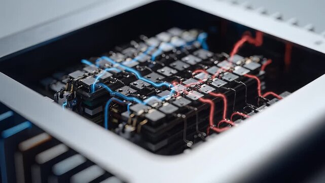 Advanced battery management system with interconnected cells and dynamic energy flow, symbolizing innovative energy storage solutions and sustainable power technology