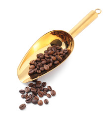 Obraz premium Coffee beans in scoop isolated on white, above view
